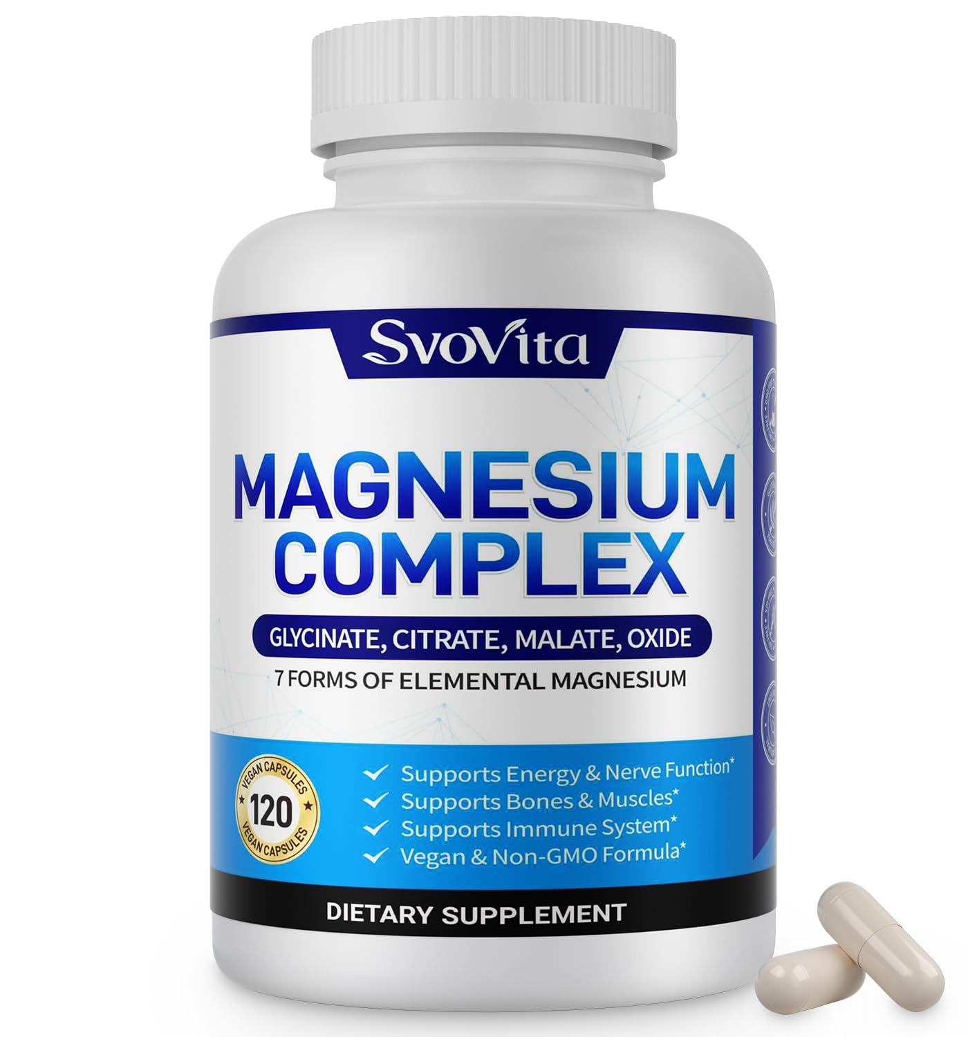 Magnesium Complex Supplement with 7 Forms of Magnesium Glycinate, Malate, Citrate & More, High Absorption for Bones, Muscle, Recovery, Energy, Vegan Non-GMO 120 Capsules Svovita uk supplements