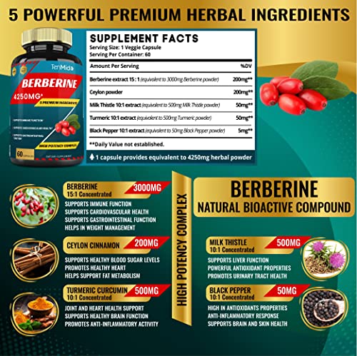 Berberine Extract Capsules 4250mg, 2 Months Supply & Ceylon, Milk Thistle, Turmeric Tenmido uk supplements