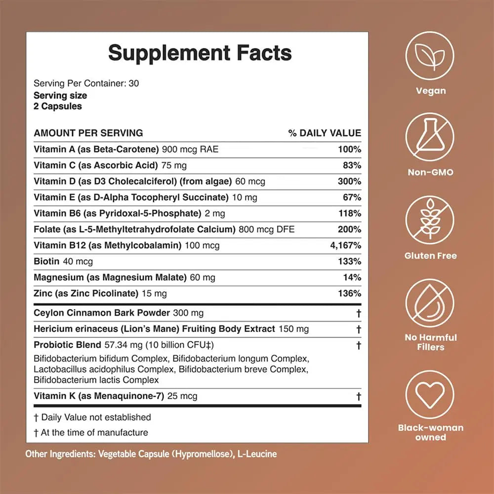 Mela Daily Essentials Multivitamin for Melanated Women - High-Dose Vitamin D3 and B12, Probiotics, Lion's Mane, Ceylon Cinnamon Mela uk supplements