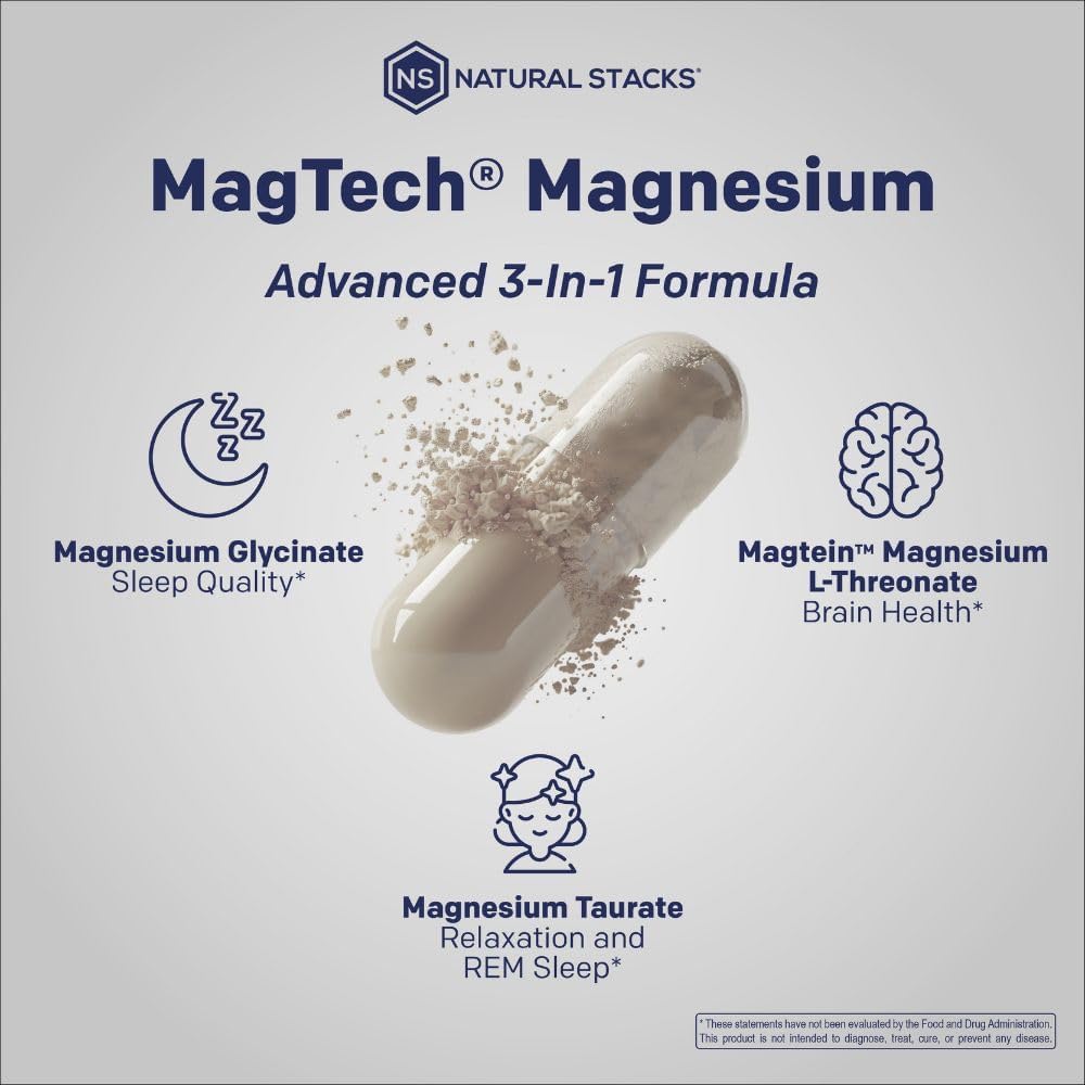 MagTech Magnesium Complex for Women & Men - 3 Forms of Magnesium: Glycinate, Magtein L-Threonate & Taurate - 200mg Chelated Complex - Support for Relaxation & Brain Health - 90 Glycinate Capsules NATURAL STACKS uk supplements