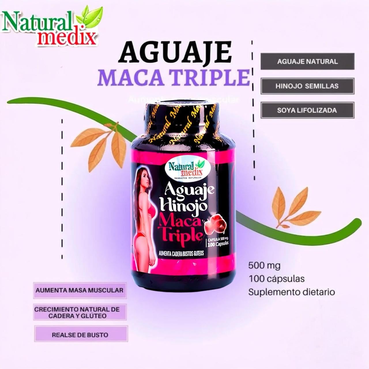 Natural medix Aguaje Hinojo Maca Triple (Maca Root Supplement) Premium 100 Capsules | Premium Botanical Blend for Feminine Balance & Confidence Natural medix uk supplements