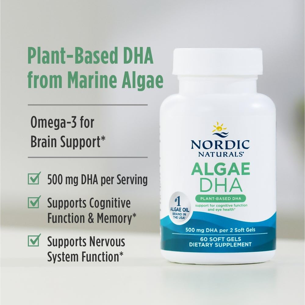 Nordic Naturals Algae DHA - 60 Soft Gels - 500 mg Omega-3 DHA - Certified Vegan Algae Oil - Plant-Based DHA - Brain, Eye & Nervous System Support - Non-GMO - 30 Servings Nordic Naturals uk supplements