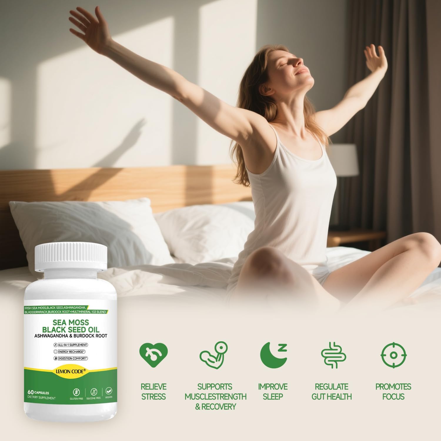 LEMON CODE Sea Moss & Black Seed Oil Capsules with Burdock & Bladderwrack & Ashwagandha, Vitamin C&D,Natural Herbal Complex for Daily Balance, Energy & Digestive Support, Vegan, Non-GMO, 60 Capsules LEMON CODE uk supplements