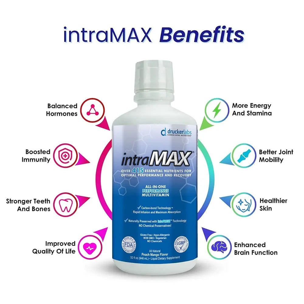 Drucker Labs - intraMAX Organic Liquid Multivitamin, Non GMO, Dairy Free, Gluten Free, Magnesium, Vitamin D, C and E, Zinc (32 oz., Peach Mango) Drucker Labs uk supplements