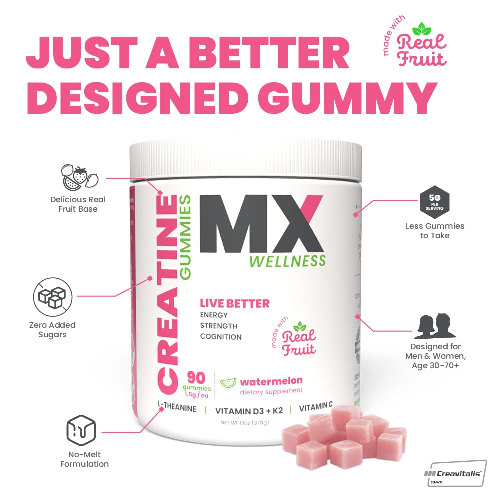 MX Wellness Creatine Monohydrate Gummies for Men & Women – Real Fruit Gummy Supplement for Muscle Growth, Recovery, Longevity, Cognitive Health & Memory – 90 Chews (90 Gummies, Watermelon) MX Wellness uk supplements