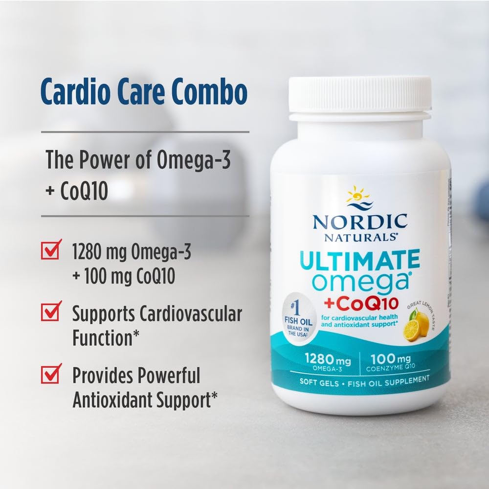 Nordic Naturals Ultimate Omega + CoQ10, Lemon - 120 Soft Gels - 1280 mg Omega-3 + 100 mg CoQ10 - Heart Health, Cellular Energy, Antioxidant Support - Non-GMO - 60 Servings Nordic Naturals uk supplements