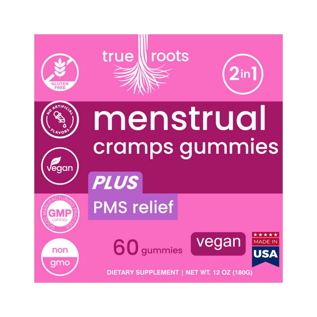 Menstrual Cramp Period Gummies True Roots | PMS Support Supplement for Women | Healthy Flow | Flo PMS Menstrual Cycle Relief, Cramping and Bloating | Vegan & Natural Flavors | 60 Count True Roots uk supplements