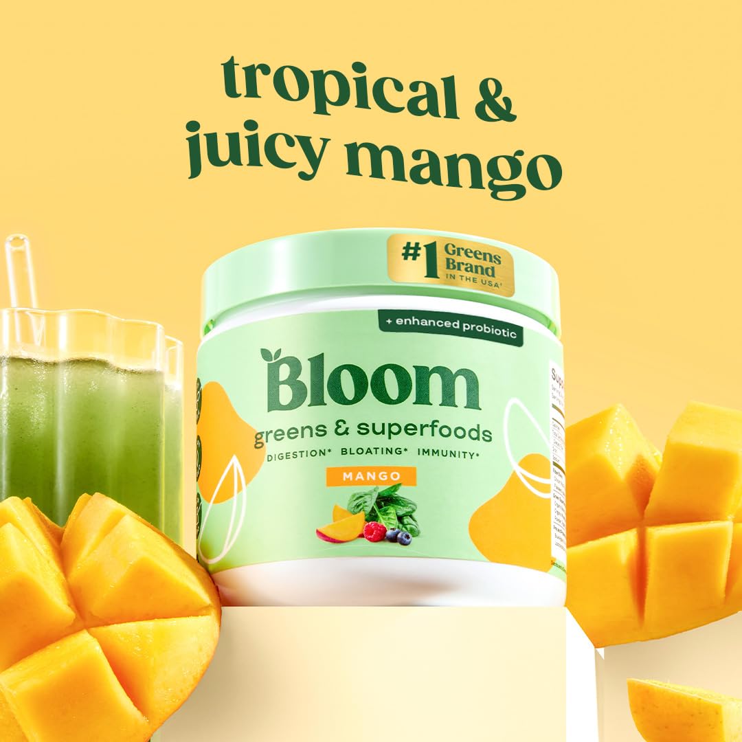 Bloom Nutrition Superfood Greens Powder, Digestive Enzymes with Probiotics and Prebiotics, Gut Health, Bloating Relief for Women, Chlorella, Green Juice Mix with Beet Root Powder, 30 SVG, Mango Bloom Nutrition uk supplements