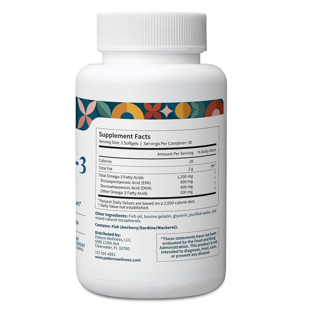 Pattern Wellness Omega 3 Softgels - Pure Fish Oil Formula - Helps Maintain Brain, Heart & Joint Health - 3rd Party Lab Tested - Non-GMO, Dairy-Free, Gluten-Free - 60 Softgels Pattern Wellness uk supplements