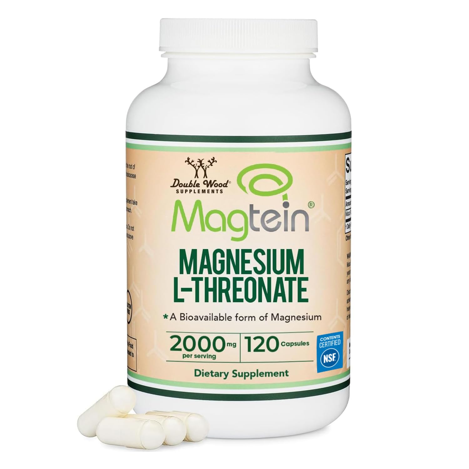 Magnesium L Threonate, Magtein - NSF Certified - Sleep and Cognitive Support – High Absorption – Most Bioavailable Form of Magnesium – 2,000 mg – 120 Capsules Double Wood Supplements uk supplements