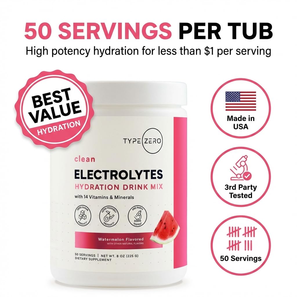 Type Zero Clean Electrolytes Hydration Powder Drink Mix + 14 Essential Vitamins & Minerals - Sugar Free, Zero Artificial Ingredients - Watermelon Flavor, 50 Servings Type Zero uk supplements