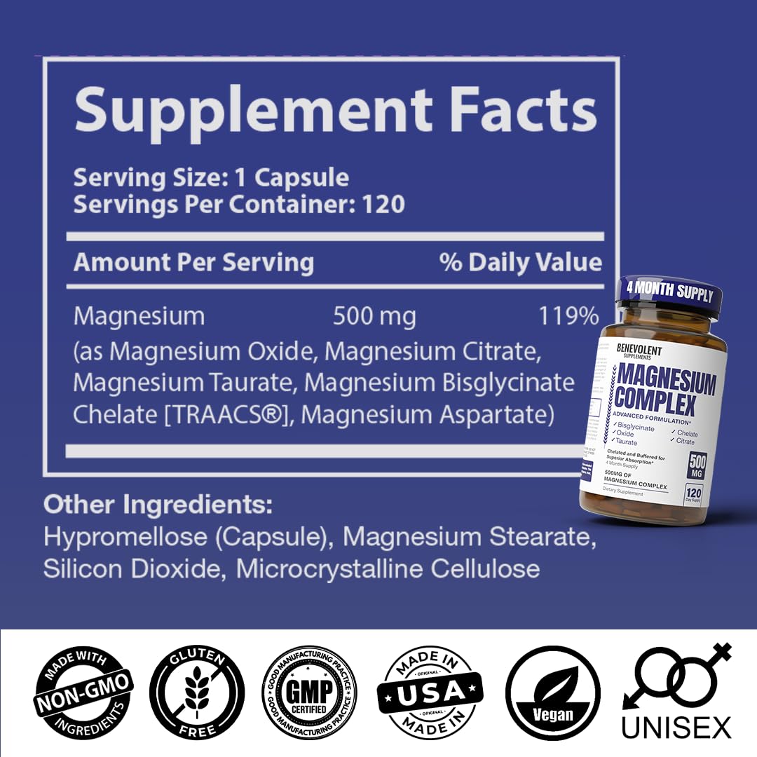 Magnesium Complex Supplement, 4 Month Supply of 500mg 5-in-1 Bisglycinate, Oxide, Taurate, Aspartate, Citrate, Max Absorption Magnesium Supplement for Calm, Sleep & Leg Cramps, 120 Capsule Benevolent Nourishment uk supplements