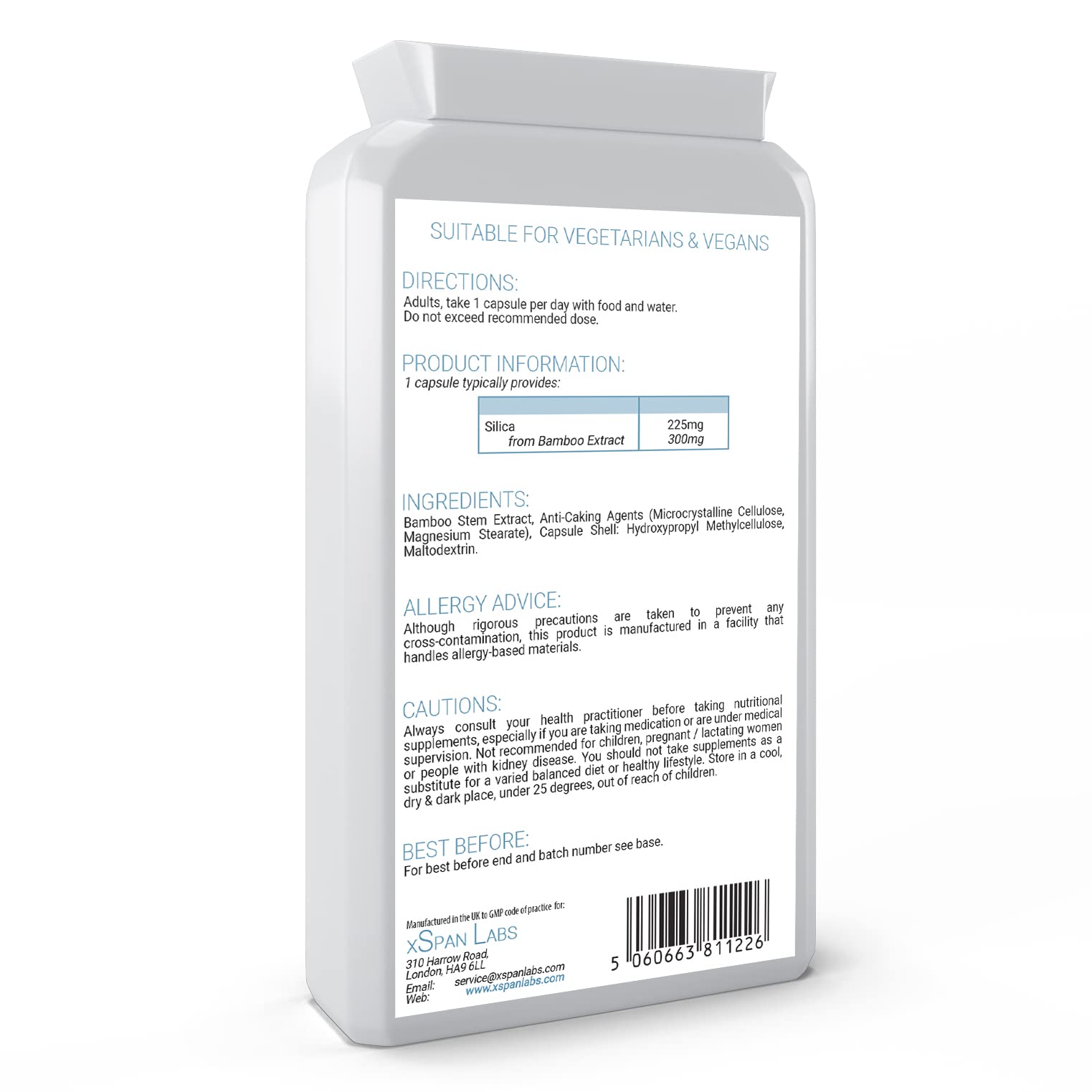 Silica 225mg – 90 Capsules - A Potent Highly Bioavailable Form - Naturally Sourced from Bamboo Extract - One-A-Day Vegan Capsules to Support Healthy Hair, Nails and Skin - Made in The UK Xspan Labs uk supplements