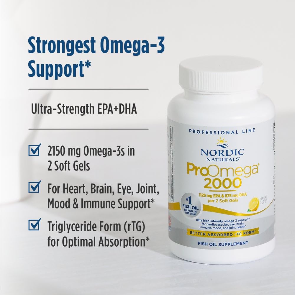 Nordic Naturals ProOmega 2000, Lemon Flavor - 120 Soft Gels - 2150 mg Omega-3 - Ultra High-Potency Fish Oil - EPA & DHA - Promotes Brain, Eye, Heart, & Immune Health - Non-GMO - 60 Servings Nordic Naturals uk supplements