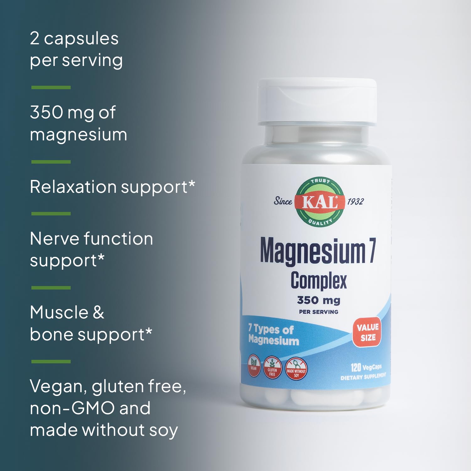 KAL Magnesium Complex 7 - Total Complex with Magnesium Glycinate, Citrate, Malate and More - Relaxation and Whole Body Support Supplements - Vegan, 60-Day Guarantee - 60 Servings - 120 VegCaps KAL uk supplements
