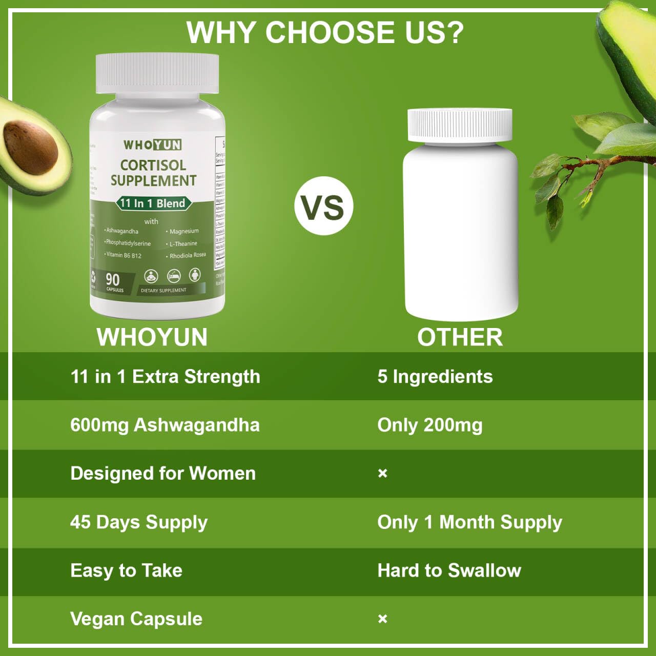 Whoyun Cortisol Supplement for Women, 11 in 1 Lower Cortisol Blend with Ashwagandha, Phosphatidylserine, Magnesium, L-Theanine, Vegan, 90 Capsules Whoyun uk supplements