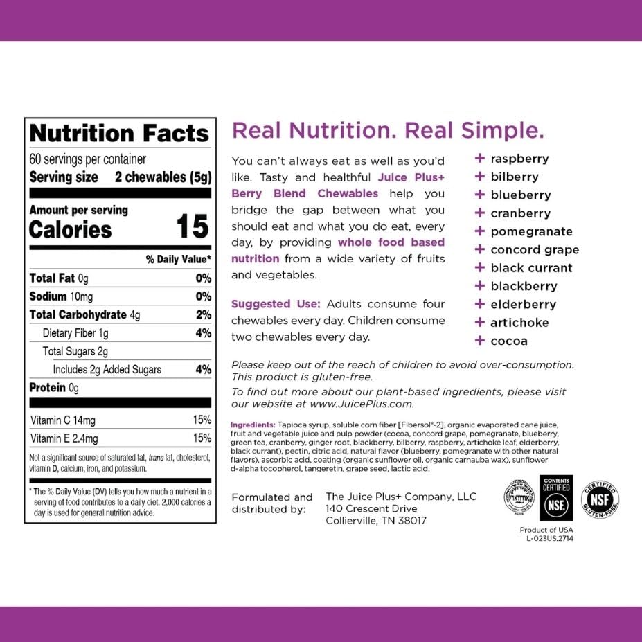 Juice Plus+ Berry Blend Soft Chews (Chewables) - Daily Nutrition from 12 Plants with Whole Fruit, Vegetable, & Berry - Raspberry, Bilberry, Blueberry, and More! for Adults and Kids - (1-mo, 30 Chews) Juice Plus+ uk supplements