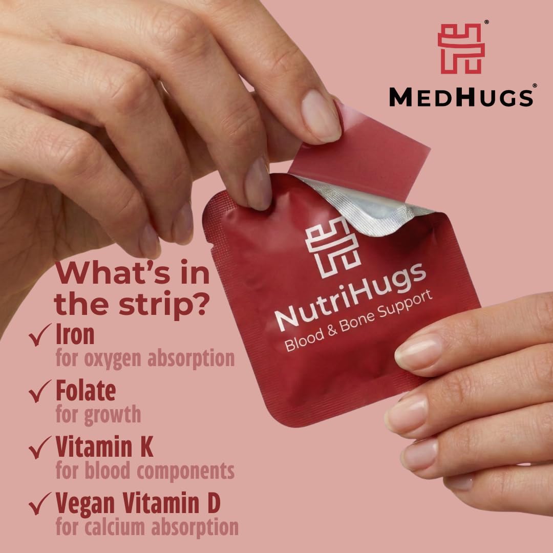 MedHugs NutriHugs Blood and Bone Support - Iron, Folate, Vitamin D3 and K2 - Fast-Dissolving Oral Thin Film Strips - Non-Constipating Iron - Vegan, Sugar-Free, Non-GMO - 30 Strips MedHugs uk supplements