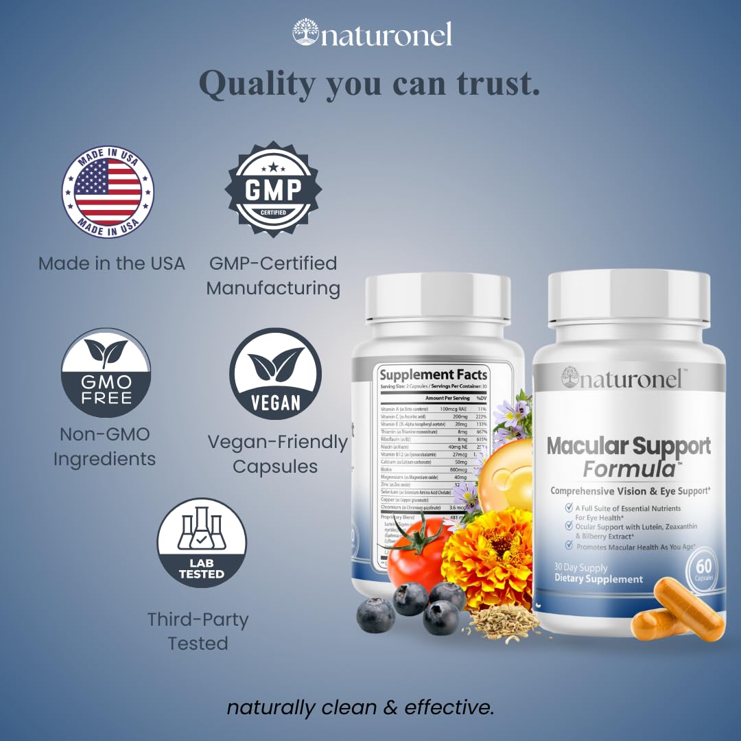 Naturonel Macular Support Formula – Vision & Eye Health with Lutein, Zeaxanthin, Bilberry, Eyebright & Antioxidants | Non-GMO, Made in USA, GMP Certified – 60 Capsules, 30 Day Supply (1) Naturonel uk supplements
