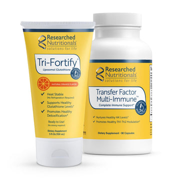 Researched Nutritionals Liposomal Glutathione (450mg) + Colostrum & Mushrooms Supplement for Immune Support - Enhanced Immunity Duo - Tri-Fortify Orange + Transfer Factor Multi-Immune (2 Piece Set) Researched Nutritionals uk supplements