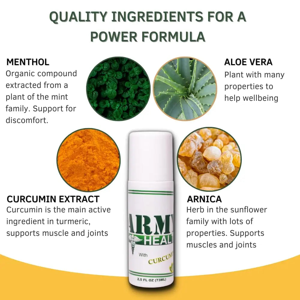 ARMY HEALTH Roll On 100% Natural Turmeric Curcumin - Pain Reliever - Inflammation - Headache - Backache - Joint and Muscle Pain 2.5 Oz ARMY HEALTH uk supplements