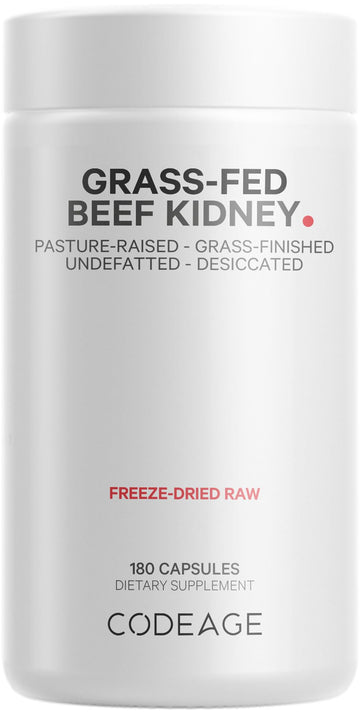 Codeage Grass Fed Beef Kidney Supplement - Freeze Dried, Non-Defatted, Desiccated Glandulars Nutrition Bovine Pills – Pasture Raised Beef Vitamins - Non-GMO -180 Capsules Codeage uk supplements