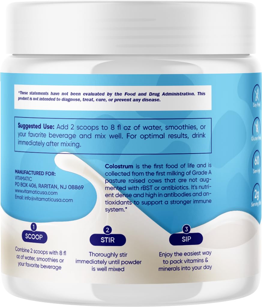 Vitamatic Bovine Colostrum Powder - 50% Highest IgG -120 Gram - Supplement for Gut Health, Hair Growth, Beauty, Muscle Recovery, & Immune Support - Easy to Mix - Unflavored - 60 Servings Vitamatic uk supplements