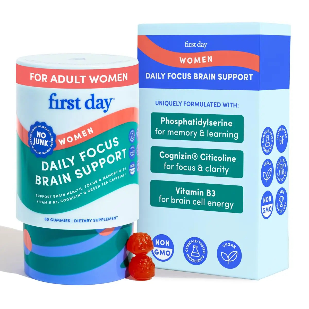 FIRST DAY Women’s Brain Gummies for Focus, Memory & Clarity | Cognizin® Citicoline + Phosphatidylserine | Natural Sustained Energy, Peach Flavor FIRST DAY uk supplements