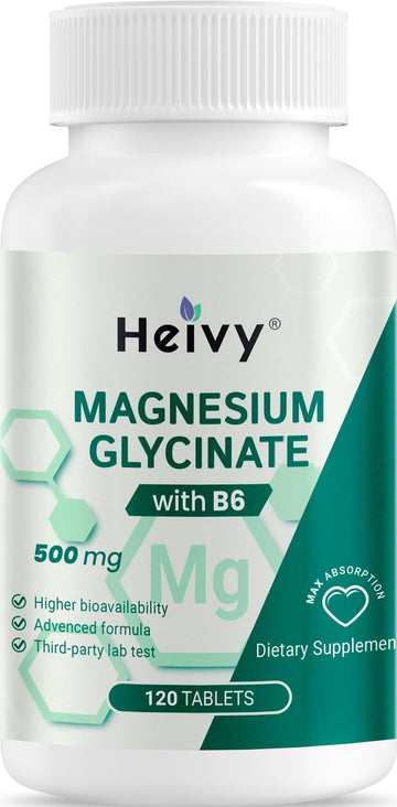 Heivy Pure Magnesium Glycinate 500mg with Vitamin B6, 100% Chelated & Purified Supports Nerve Relife, Sleep Aid & Muscle Support, Vegan & Non-GMO, Made in USA, 3rd Party Tested, 120 Tablets Heivy uk supplements