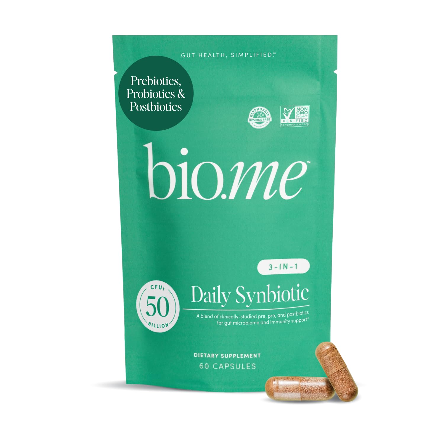 Synbiotic 3-in-1 Prebiotics, Probiotics & Postbiotics for Digestive Health, Gut Health, Immune Support & Bloating Relief for Men & Women - 50 Billion CFU Per Serving - Vegan, 60 Capsules (30 Servings) Bio.me uk supplements