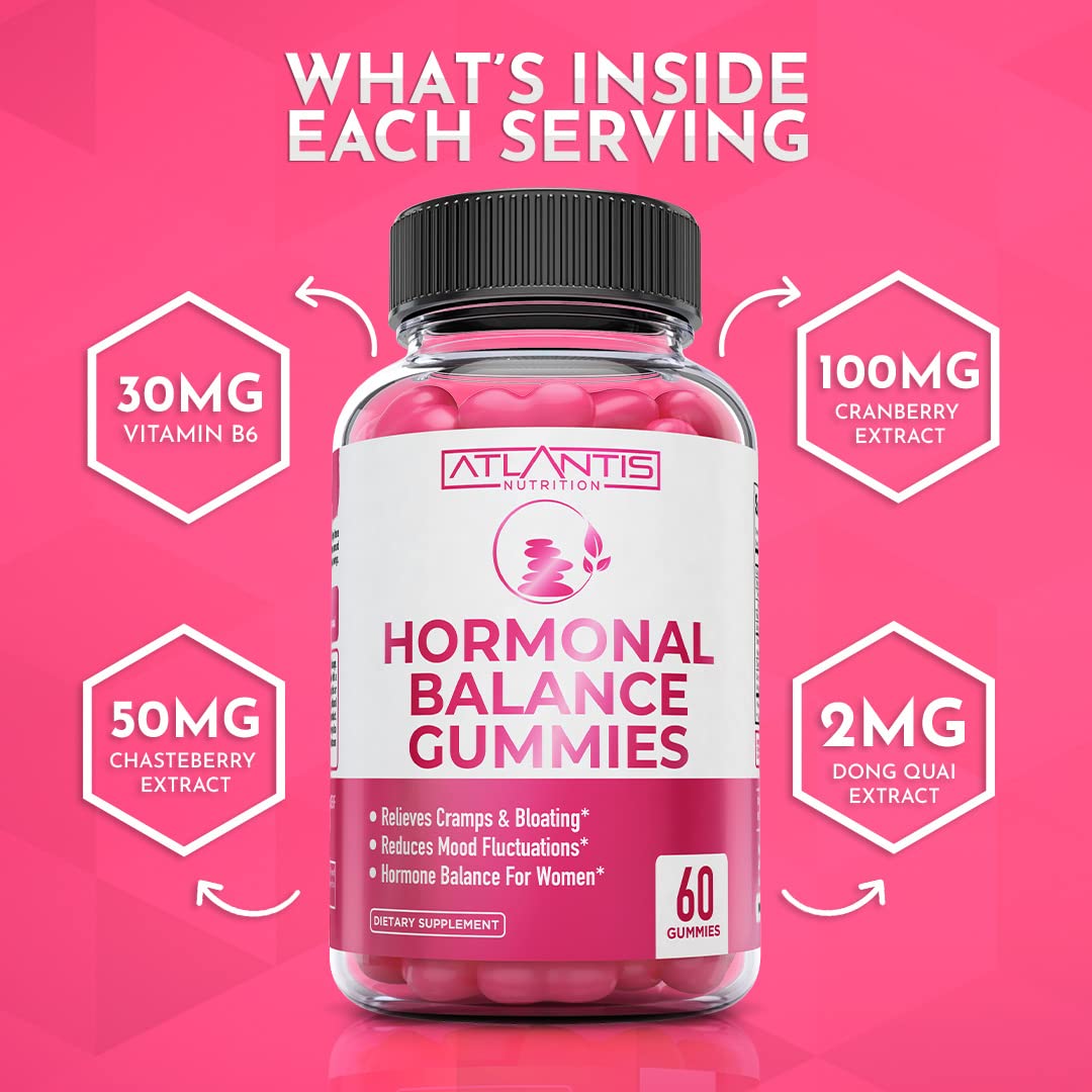 Atlantis Nutrition Hormonal Balance for Women & PMS Relief Gummies - Alleviates Cramps, Bloating, Mood Swings, Hot Flashes & Night Sweats - Cranberry, Dong Quai & Chasteberry Menstrual Cramp Relief Atlantis Nutrition uk supplements