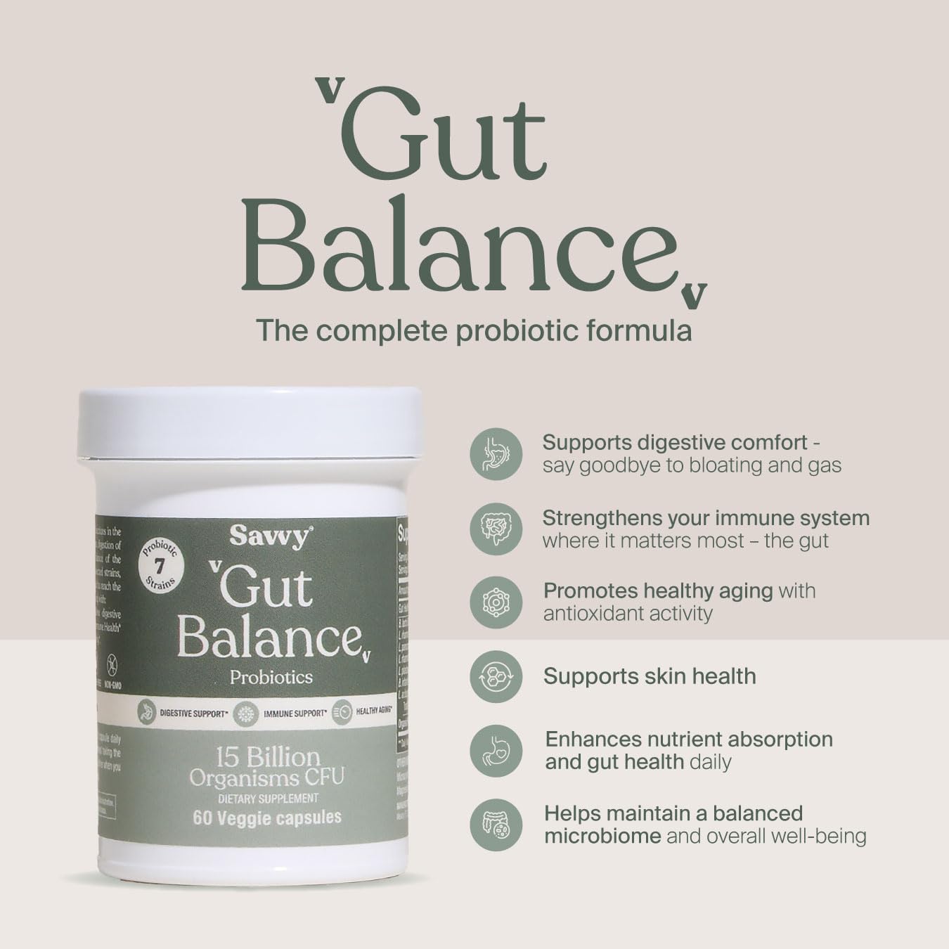 SAVVY Gut Balance Probiotics for Women & Men, 15 Billion CFU, 7 Clinically Studied Strains, Digestive Health, Immune Support, Bloating Relief, 60 Vegan Capsules, Non GMO, Sugar-Free SAVVY uk supplements