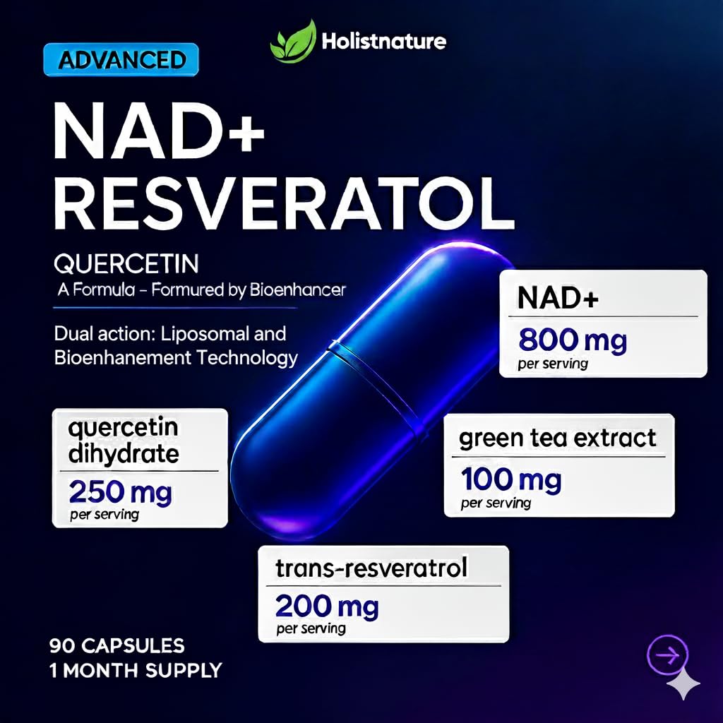 NAD+ Supplement, 1,360mg Max Strength Liposomal | Resveratrol, Quercetin, Green Tea | Cellular Energy & Healthy Aging for Men & Women | 800mg of 100% High Purity NAD+ for Energy, Focus - 90 Capsules Holistnature uk supplements