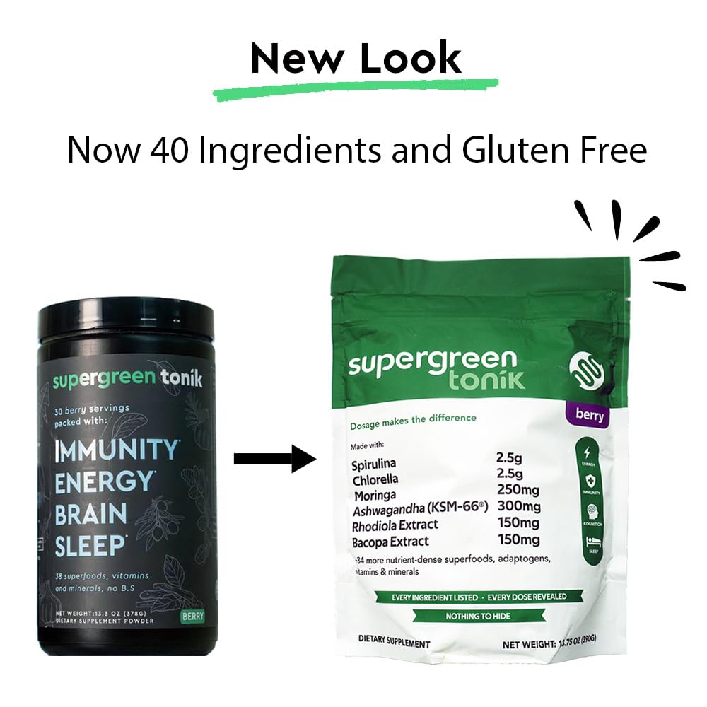 SUPERGREEN TONIK 100% Natural Greens Superfood Powder – Daily Supplement with 40 Superfoods, Vitamins and Minerals – Supports Energy, Stress and Immunity – 30 Days 360 Grams Berry Flavor (1 Bag) SUPERGREEN TONIK uk supplements