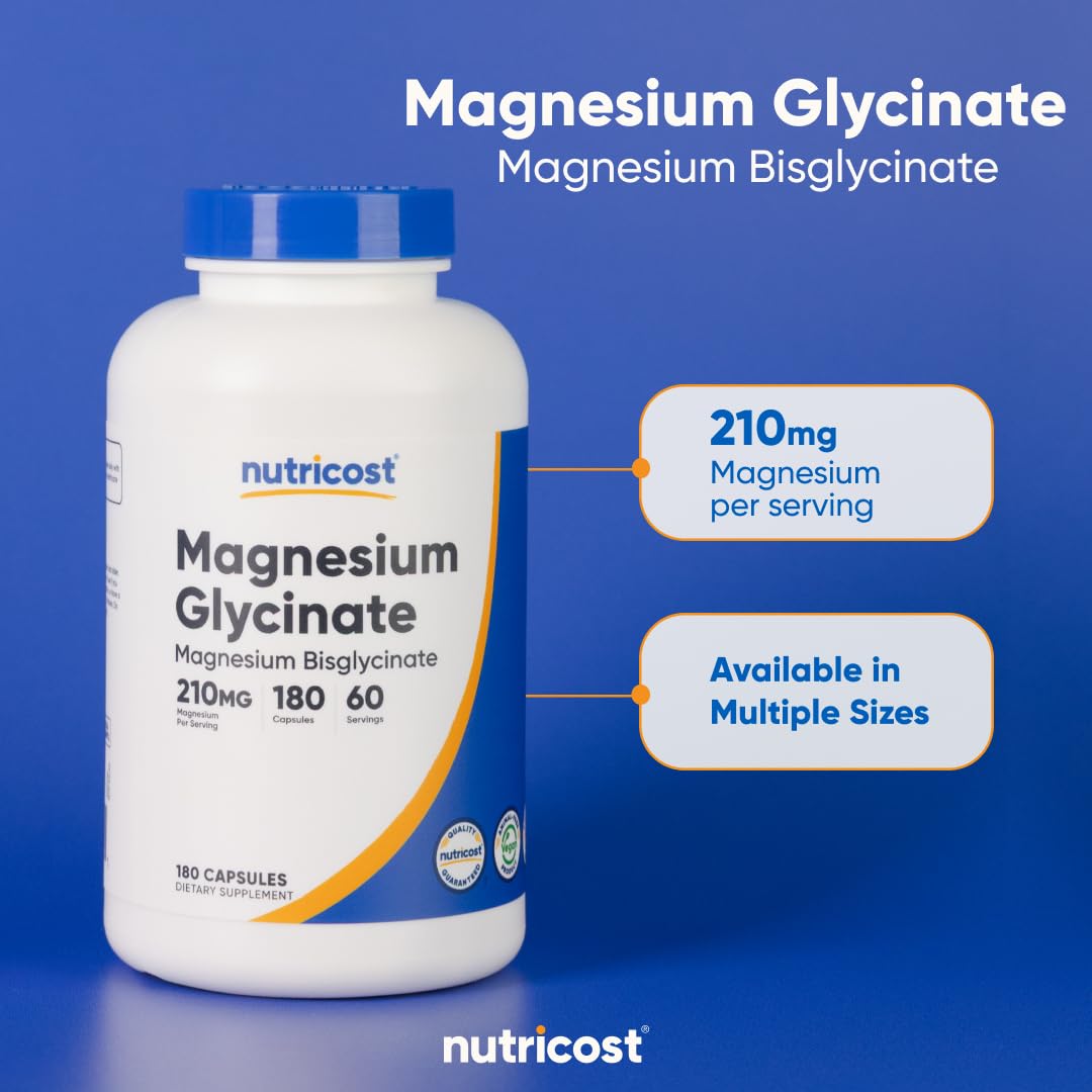Nutricost Magnesium Glycinate Capsules (180 Capsules, 210 mg Per Serving) - Magnesium Glycinate Supplement for Gentle Absorption Nutricost uk supplements