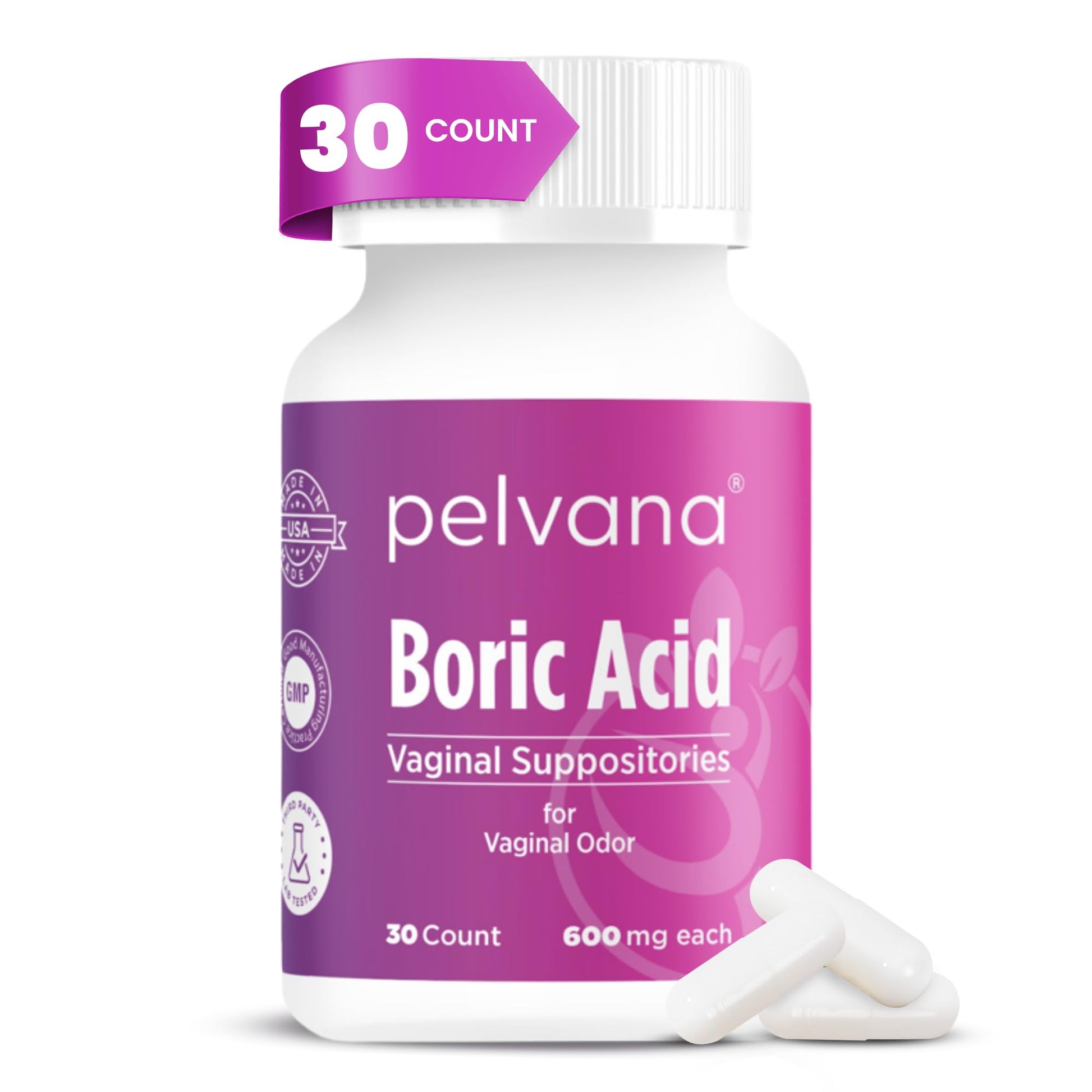 Pelvana Boric Acid Suppositories for Women - 30 Count - 600mg Boric Acid Capsules for Vaginal Odor Use Pelvana uk supplements
