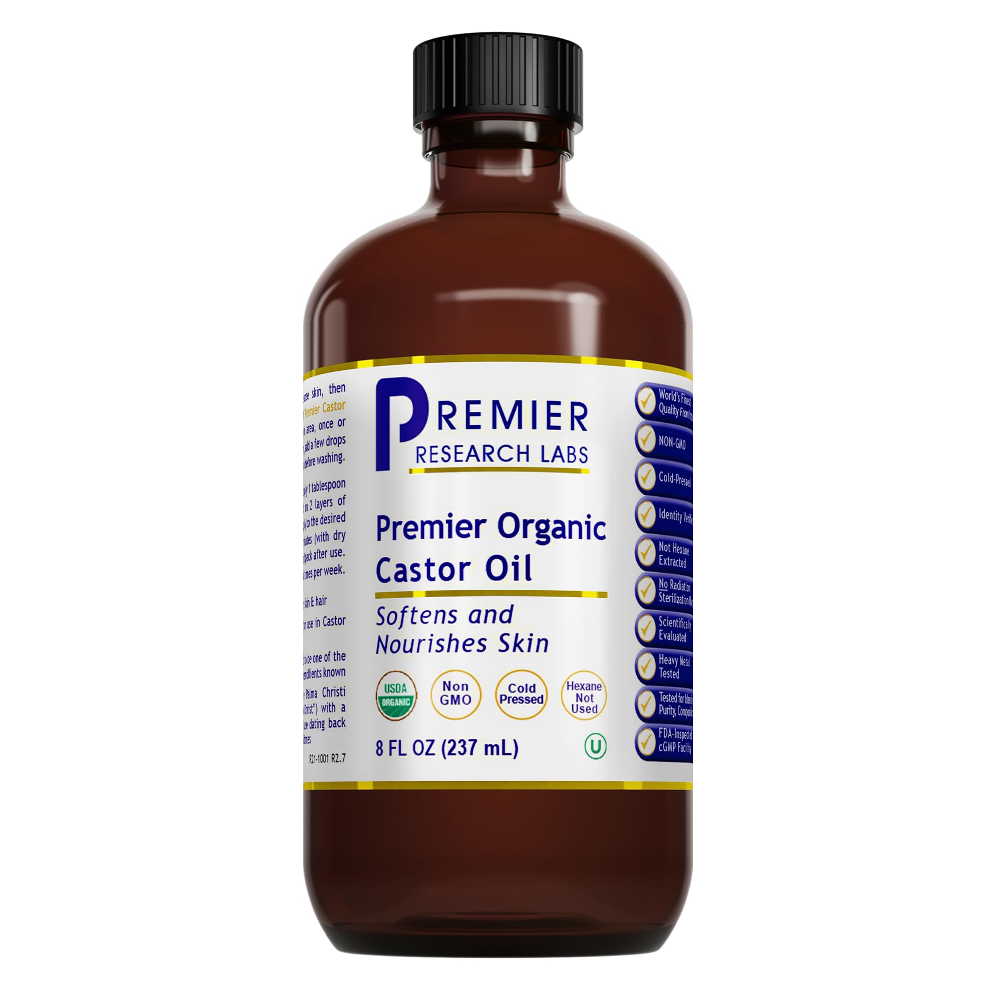 Premier Research Labs Organic Castor Oil for Face - Cold Pressed 100% Pure Castor Oil for Hair Growth, Skin & Body, Hexane Free - 8 Oz Bottle Premier Research Labs uk supplements