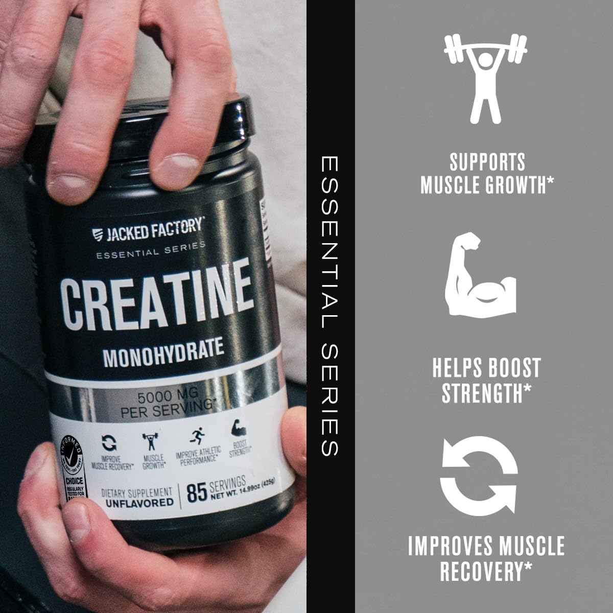 Jacked Factory Creatine Monohydrate Powder 425g - 5g Daily Creatine Supplement for Men and Women, Vegan-Friendly, Third-Party Tested - 85 Servings, Unflavored Jacked Factory uk supplements