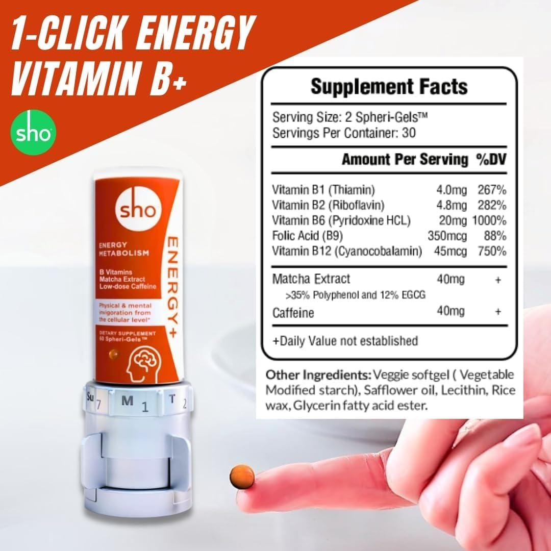 SHO Vegan Energy+ Focus Supplement Kit- Matcha Green Tea Extract, Methylated B Complex, Vitamin B and Caffeine Natural Energy Booster Without Crash, Jitters for Men and Women - 60 Pills Refill Bottle SHO uk supplements