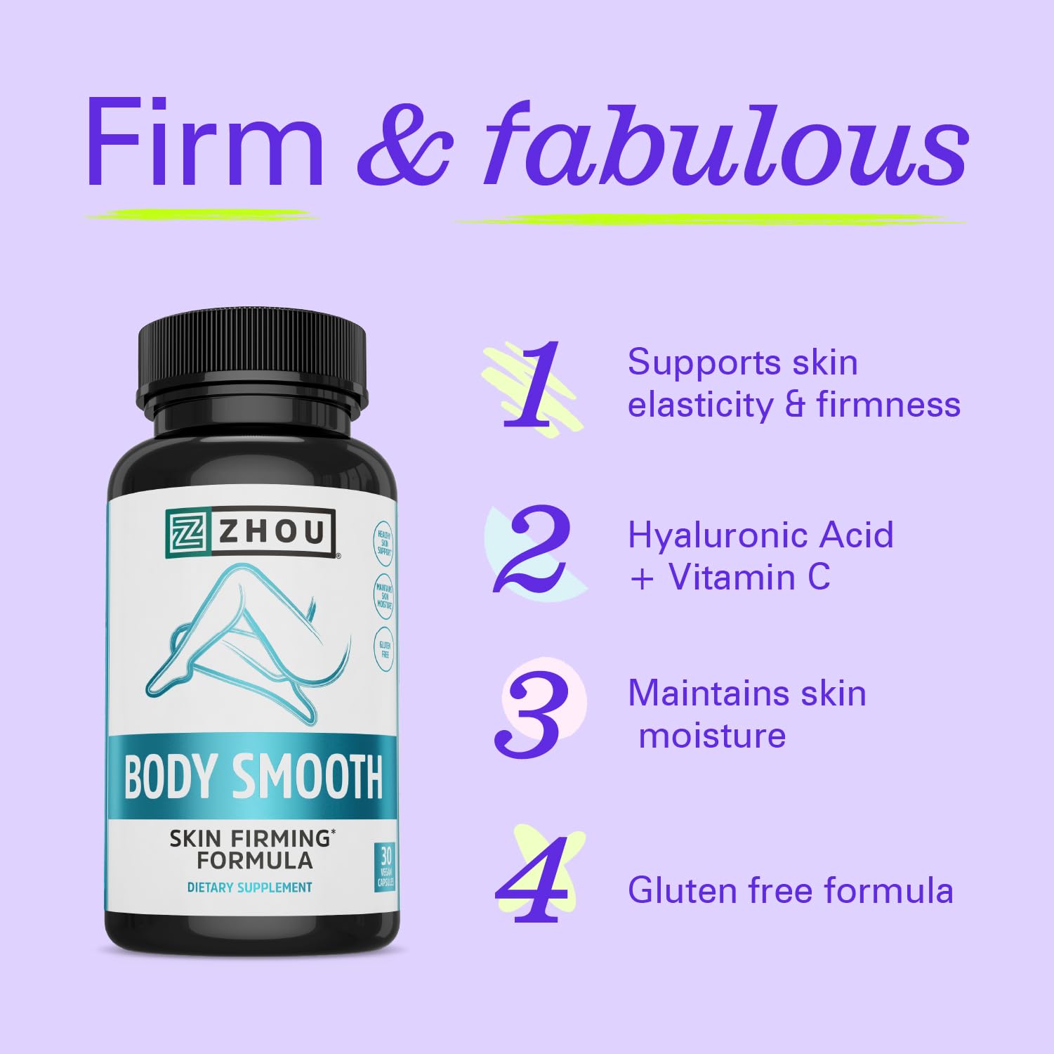 Zhou Body Smooth - Cellulite Pills for Women, Dimpless Anti Cellulite Supplement for Firm Smooth Skin with Hyaluronic Acid & Vitamin C, Skincare for Thigh, Legs, Butt, Supports Hydration - 30 Capsules ZHOU uk supplements