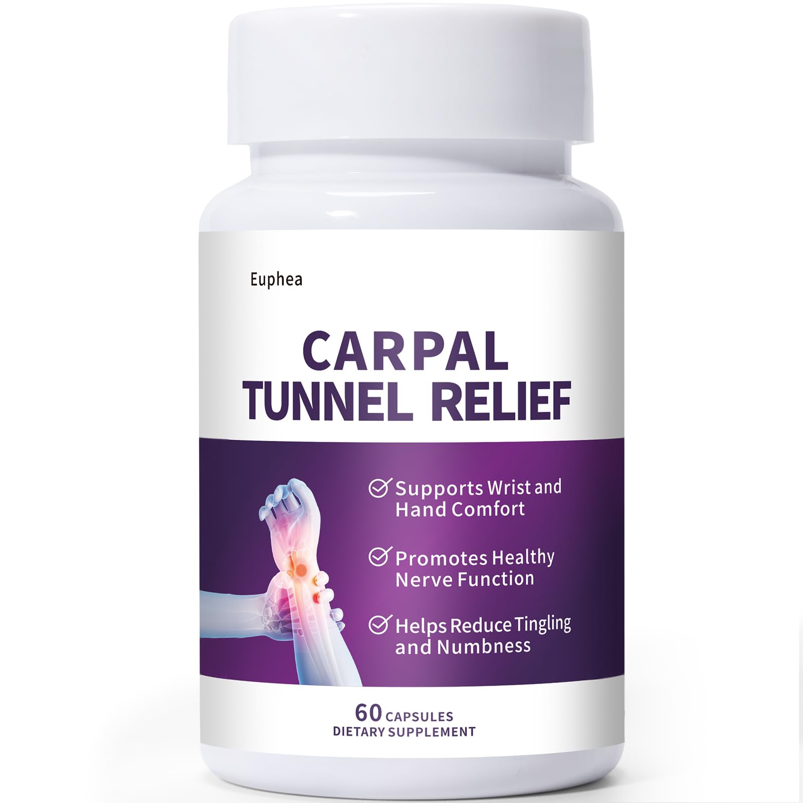 Euphea Carpal Tunnel Relief & Wrist Support Supplement, Helps Ease Tingling & Numbness,Vitamins B6, B12, C, D, K + GABA,60 Capsules Euphea uk supplements