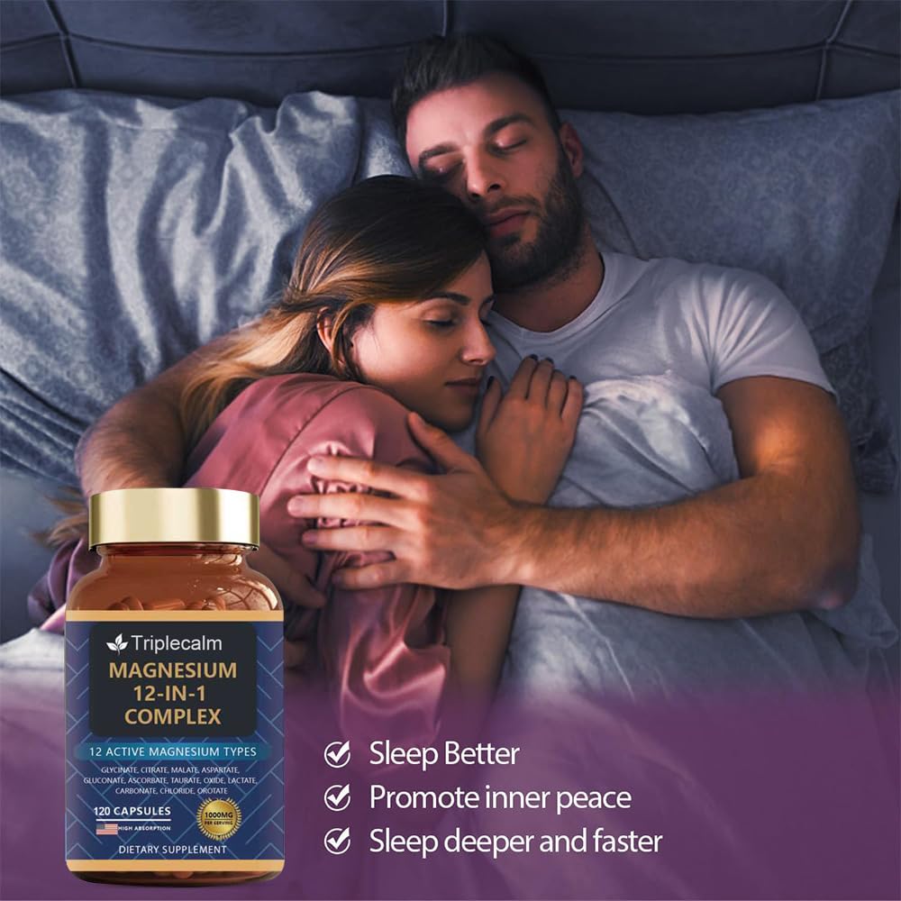 Magnesium Complex 12 in 1 Supplement - 12 Elemental 1000mg - Magnesium Glycinate, Citrate, Malate, Taurate - High Absorption,for Muscle, Nerve & Sleep Support - 120 Capsules Triplecalm uk supplements