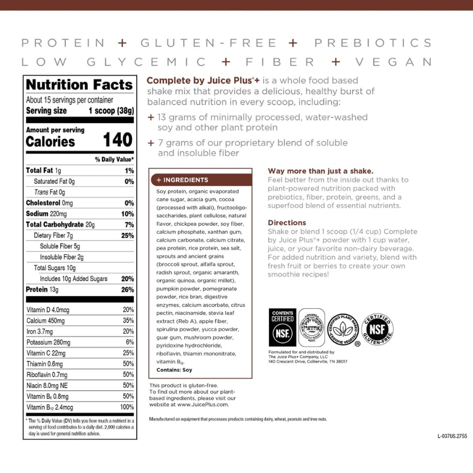 Complete by JuicePlus+ Dutch Chocolate Shakes - Plant-Based Nutrition - Whole Food Based Shake Powder with Protein, Fiber & Prebiotics - 30 Servings (2 Pouches, 15 Servings Each) Juice Plus+ uk supplements