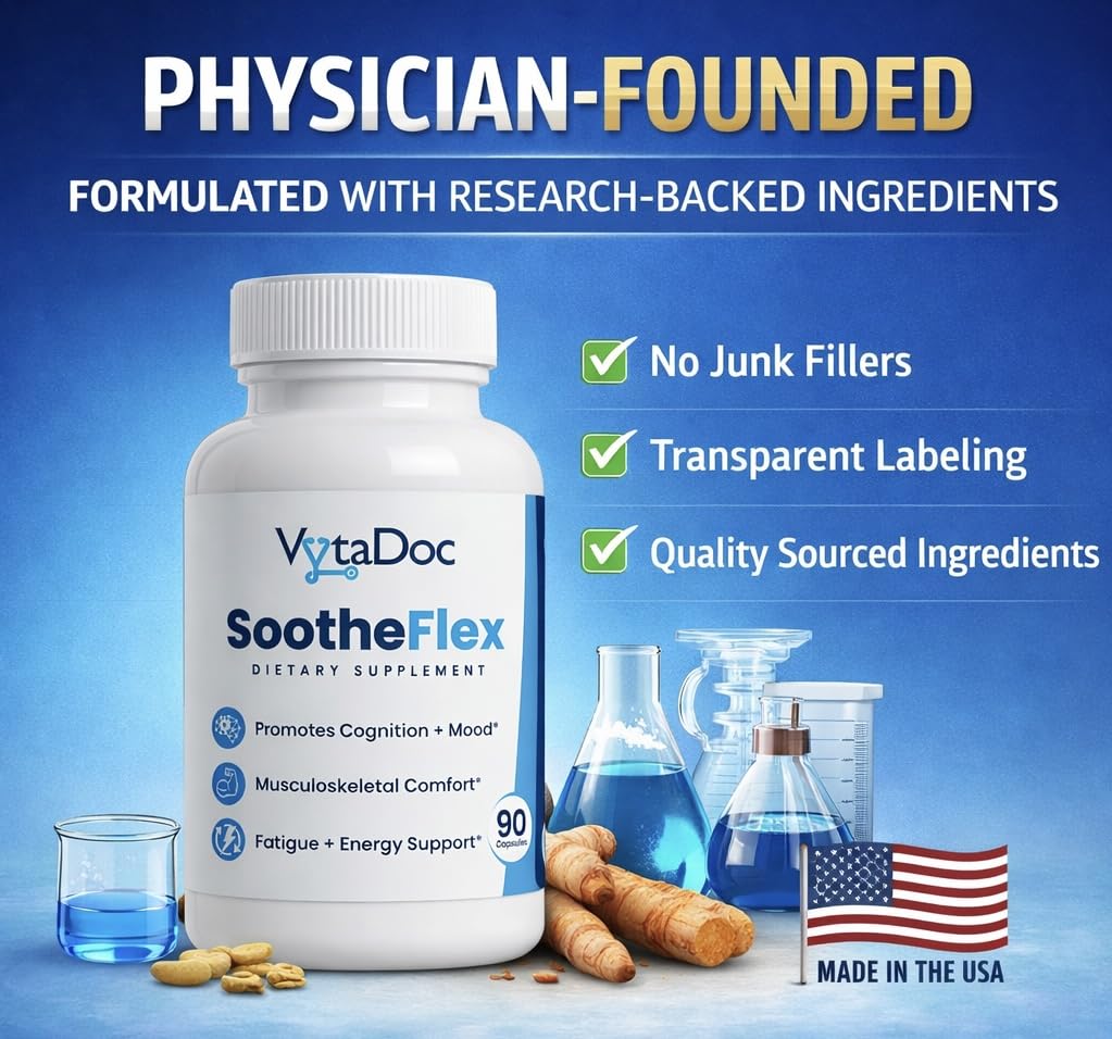 VytaDoc SootheFlex Joint, Energy & Mood Support for Women | Turmeric 900mg, Ferrochel® Iron, Magnesium Malate, Vitamin D3, Ginger, Selenium | 90 Capsules | Gentle Iron — Easy on Digestion VytaDoc uk supplements