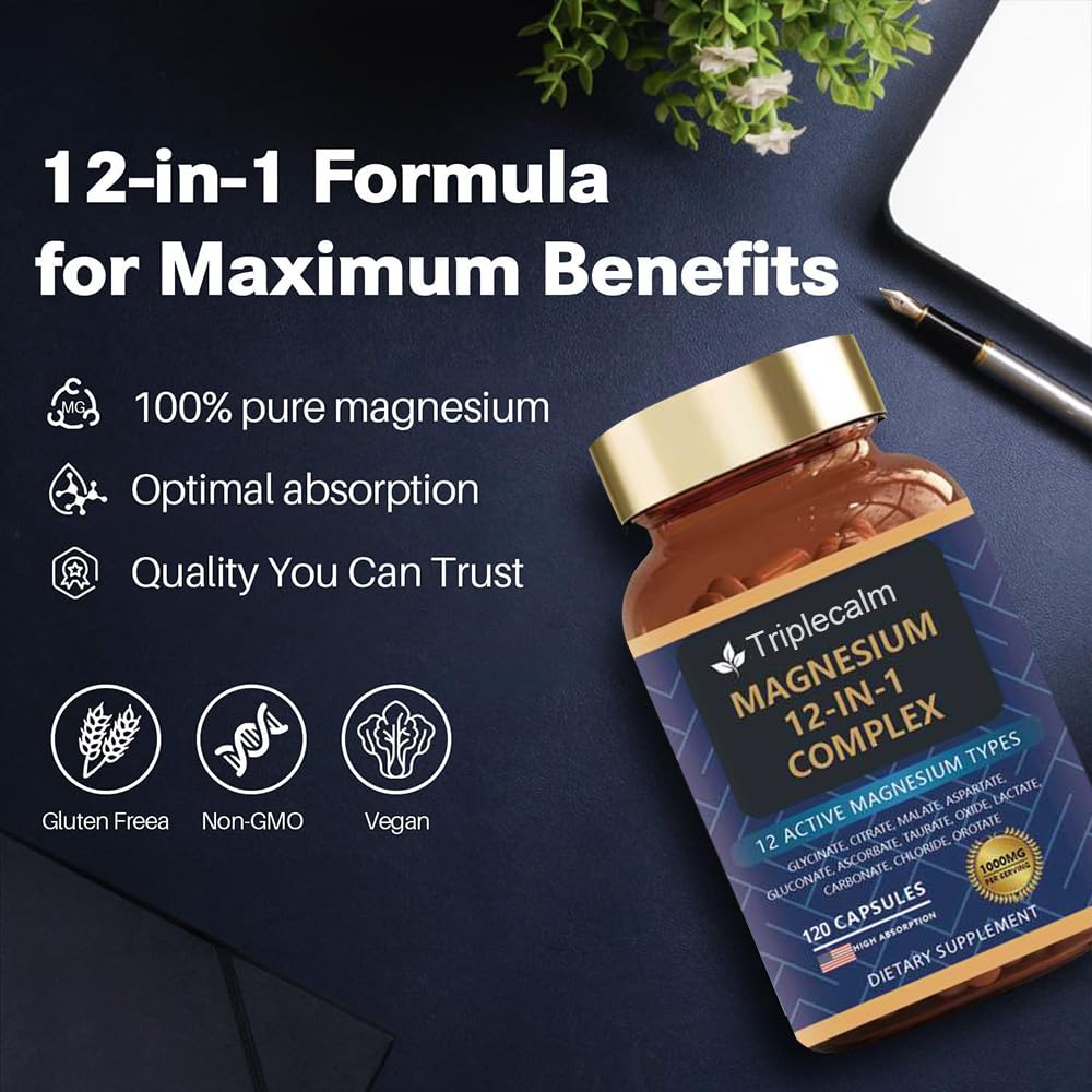 Magnesium Complex 12 in 1 Supplement - 12 Elemental 1000mg - Magnesium Glycinate, Citrate, Malate, Taurate - High Absorption,for Muscle, Nerve & Sleep Support - 120 Capsules Triplecalm uk supplements