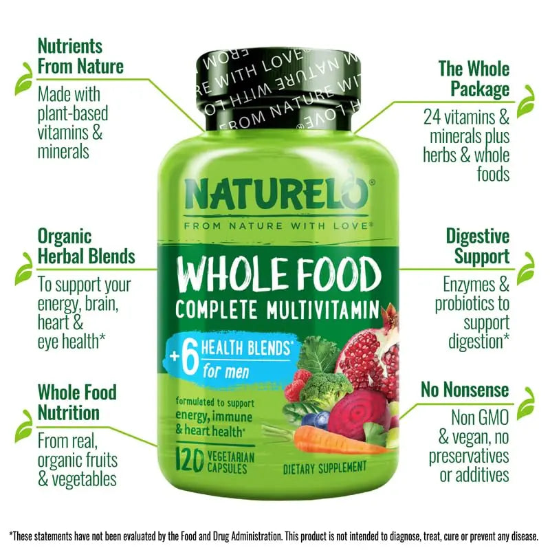 NATURELO Mens Multivitamins - Whole Food Multivitamin for Men with Vitamins, Minerals - 120 Vegetarian Capsules for Energy, Brain, Heart, Eye Health* NATURELO uk supplements