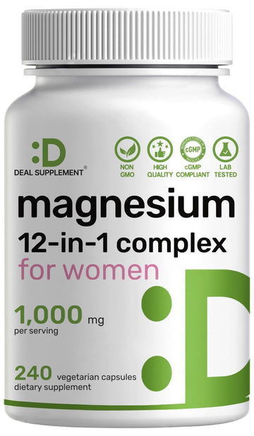 12‑in‑1 Magnesium Complex for Women 1,000 mg, 240 Vegetarian Capsules | Magnesium Glycinate, Citrate, Malate, Taurate, Orotate, Oxide & More | Chelated & Purified for Better Absorption DEAL SUPPLEMENT uk supplements