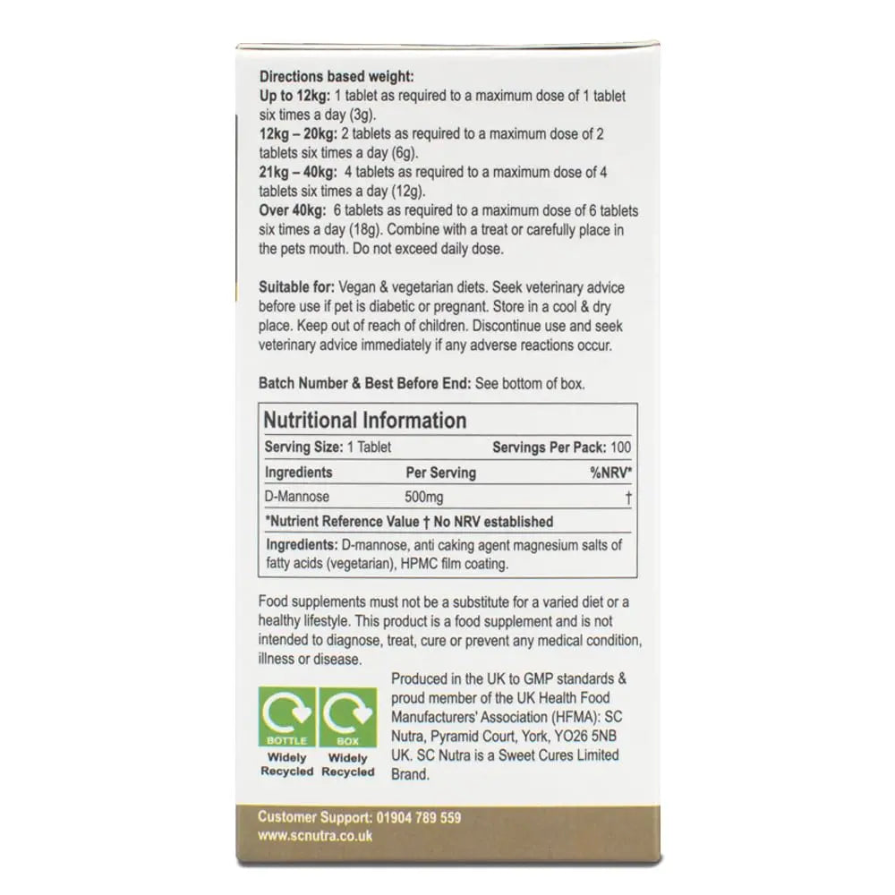 D-Mannose Pet Tablets for Cats & Dogs by SC Nutra sc nutra uk supplements