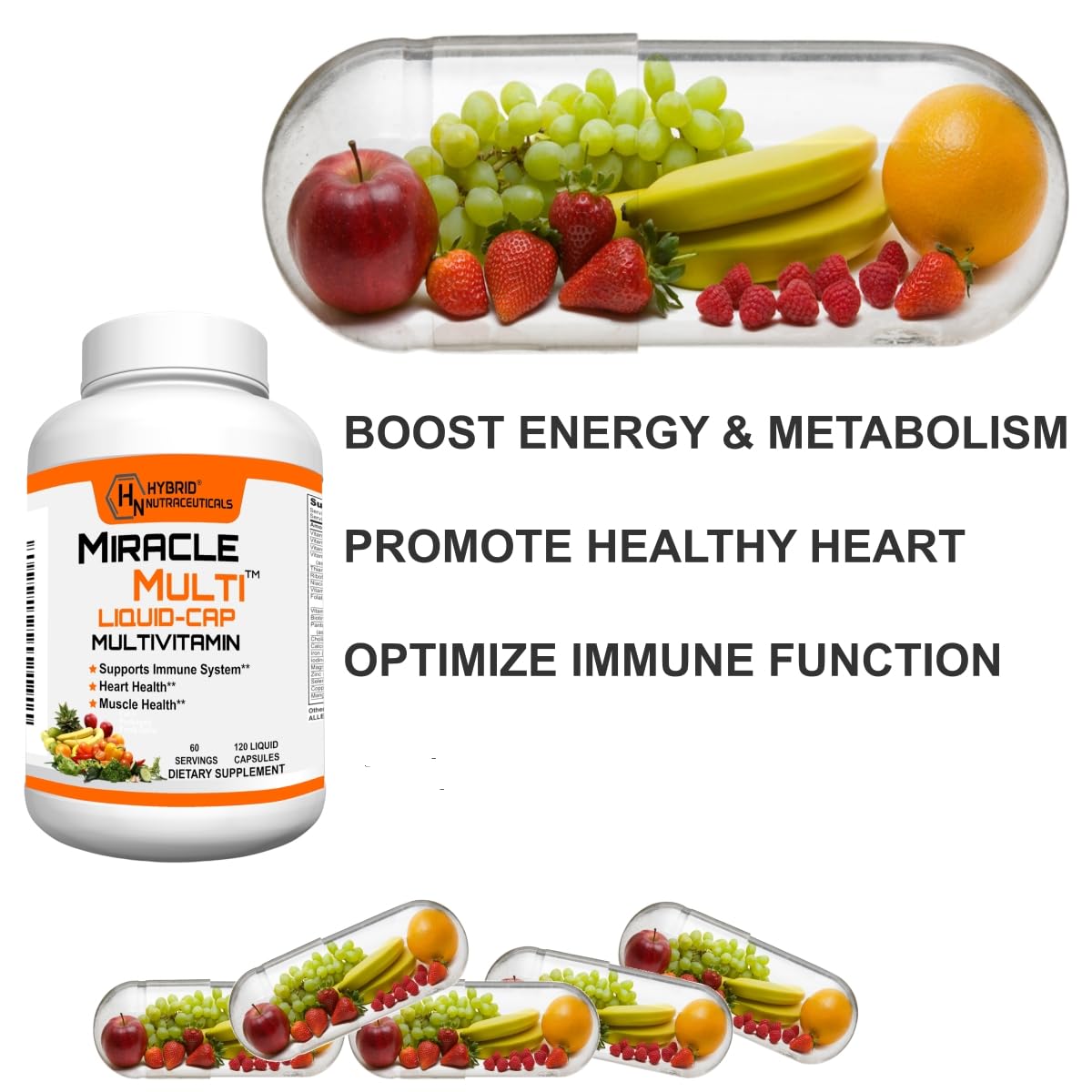 MiracleMulti Liquid Multivitamin Capsules for Men & Women - Complete Whole Food Blend Daily Vitamin & Mineral Supplement with CoQ10, B12, 42 Superfood Enzyme - 120 Softgels Hybrid Nutraceuticals uk supplements