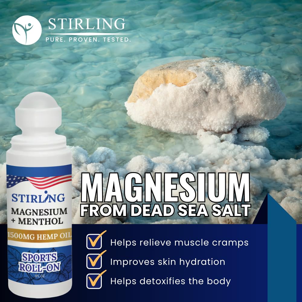 Stirling Menthol Roll On Lotion with Magnesium and 1500mg Pure Hemp - Non-GMO, THC-Free - Fast-Acting Relief for Sore Muscles and Joints, Reduces Swelling and Redness, Promotes Post-Workout Recovery STIRLING uk supplements
